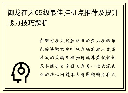 御龙在天65级最佳挂机点推荐及提升战力技巧解析
